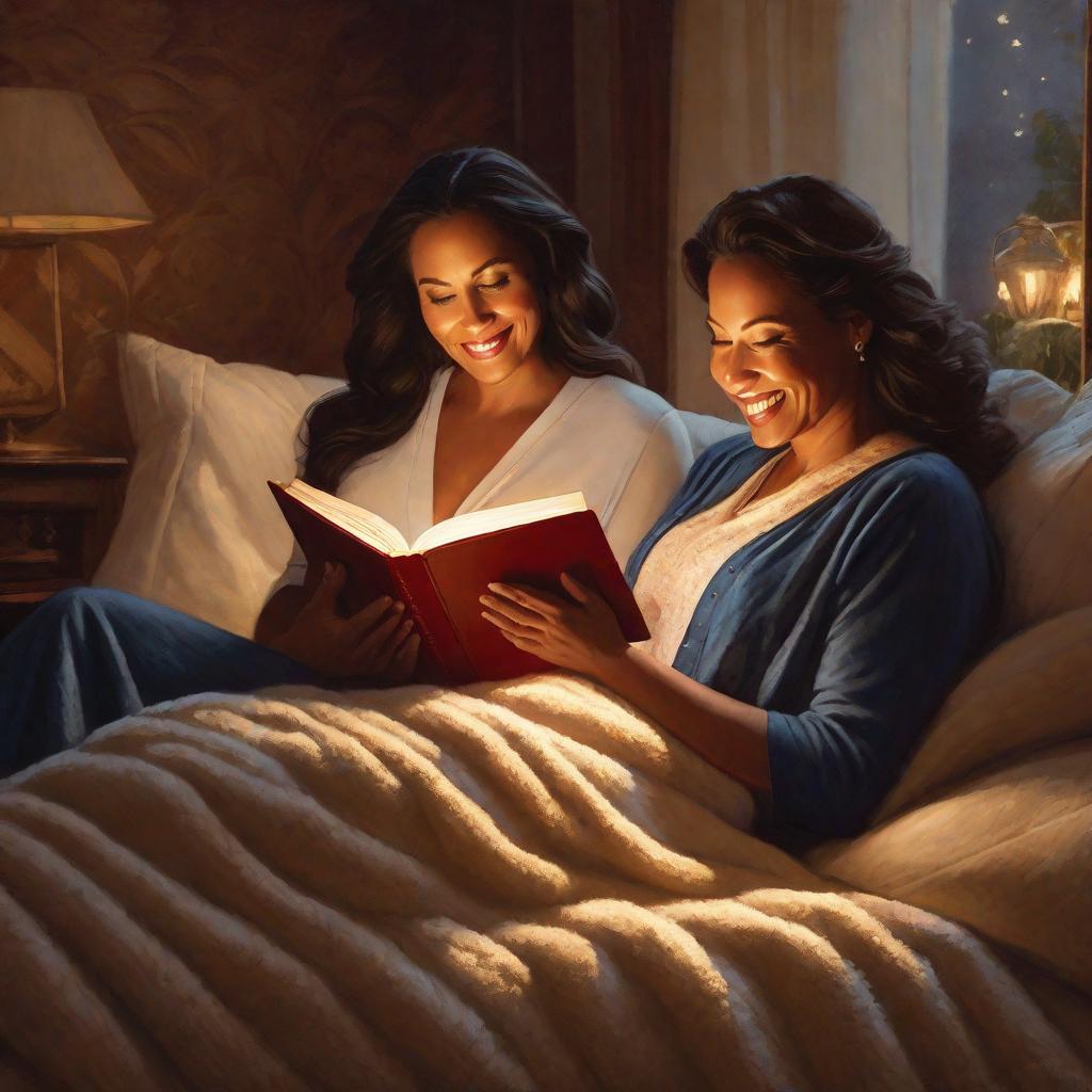  "An image of a cozy scene inside a softly lit room during nighttime. A mother and her are snuggled under a fluffy, comfortable quilt on a king-sized , signs of laughter and joy evident on their faces. The mother is gently holding an open book - detailing it enough to imply its a book but not violating the condition of no text or letters. Her lips are slightly parted as if she's reading out a story. The 's sparkling eyes are wide with anticipation, the reflection of imaginations running wild. In the background, subtle magical elements like fairy dust or glowing orbs fill the room, suggesting the start of a magical story. The color palette is soft and warm, and the atmosphere is serene and loving."((masterpiece)), best quality,  hyperrealistic, full body, detailed clothing, highly detailed, cinematic lighting, stunningly beautiful, intricate, sharp focus, f/1. 8, 85mm, (centered image composition), (professionally color graded), ((bright soft diffused light)), volumetric fog, trending on instagram, trending on tumblr, HDR 4K, 8K