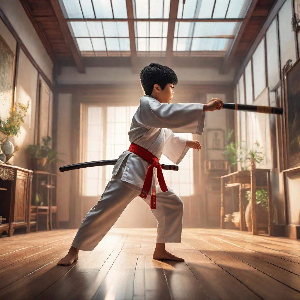  A child wearing a karate uniform runs inside a room carrying a stick., anime concept art by Hayao Miyazaki, featured on pixiv, fantasy art, concept art, official art, high detailed hyperrealistic, full body, detailed clothing, highly detailed, cinematic lighting, stunningly beautiful, intricate, sharp focus, f/1. 8, 85mm, (centered image composition), (professionally color graded), ((bright soft diffused light)), volumetric fog, trending on instagram, trending on tumblr, HDR 4K, 8K