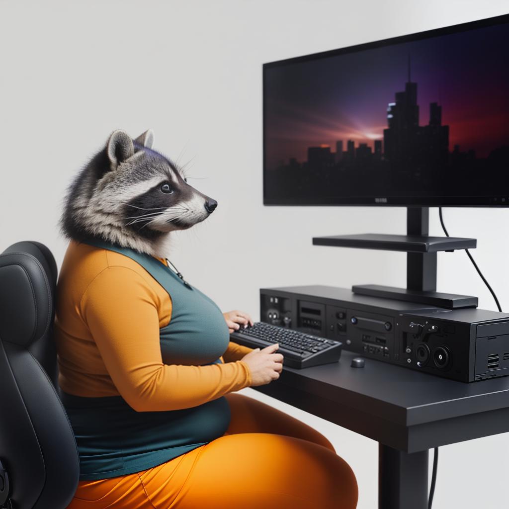  raccoon sitting in gaming chair front a computer on desktop, ((semi anthropomorphic)),(full body), tail, belly, sitting, fat, (chubby), (((white background))), solo, desktop, gaming chair, side view,  [[[clothes]]] hyperrealistic, full body, detailed clothing, highly detailed, cinematic lighting, stunningly beautiful, intricate, sharp focus, f/1. 8, 85mm, (centered image composition), (professionally color graded), ((bright soft diffused light)), volumetric fog, trending on instagram, trending on tumblr, HDR 4K, 8K