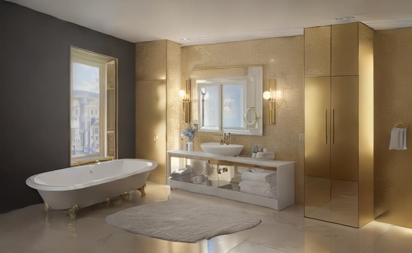  an elegant bathroom with a golden bathtub, black floor, white rug, wooden interior, and a beautiful mirror, scenic view through the window Style RAW Photo, realistic, 16:9, best quality, high resolution, (sharp focus), (perfect image composition), ((masterpiece)), (professionally color graded), <lora:more details:0>, epiCRealism, <lyco:Mangled Merge Lyco:0>, HDR 4K, 8K