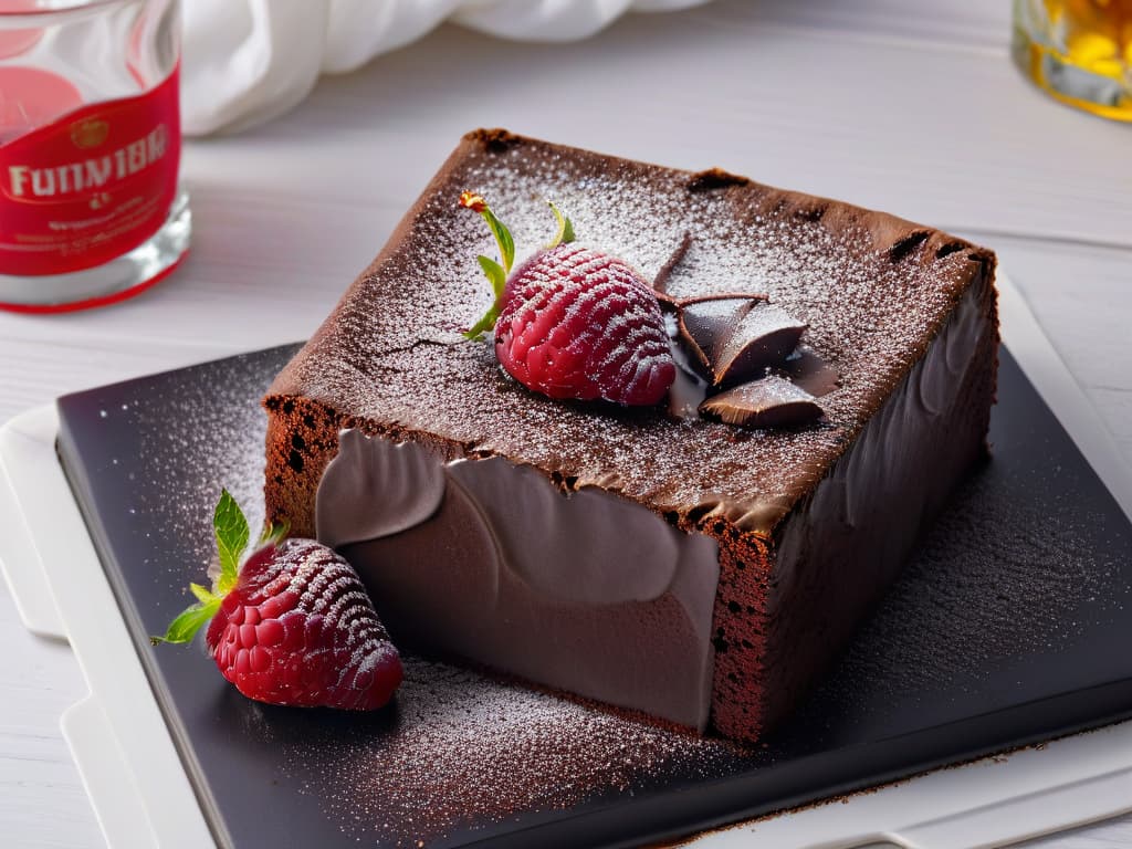  An ultradetailed closeup image of a freshly baked gourmet sugarfree brownie, showcasing its rich, fudgy texture with a glossy finish. The brownie is elegantly garnished with a sprinkle of cocoa powder and a few raspberries on top, placed on a sleek, matte black plate that contrasts beautifully with the dessert. The lighting is soft, highlighting the intricate details of the brownie's surface and the vibrant color of the raspberries, creating a visually captivating and appetizing minimalistic composition. hyperrealistic, full body, detailed clothing, highly detailed, cinematic lighting, stunningly beautiful, intricate, sharp focus, f/1. 8, 85mm, (centered image composition), (professionally color graded), ((bright soft diffused light)), volumetric fog, trending on instagram, trending on tumblr, HDR 4K, 8K