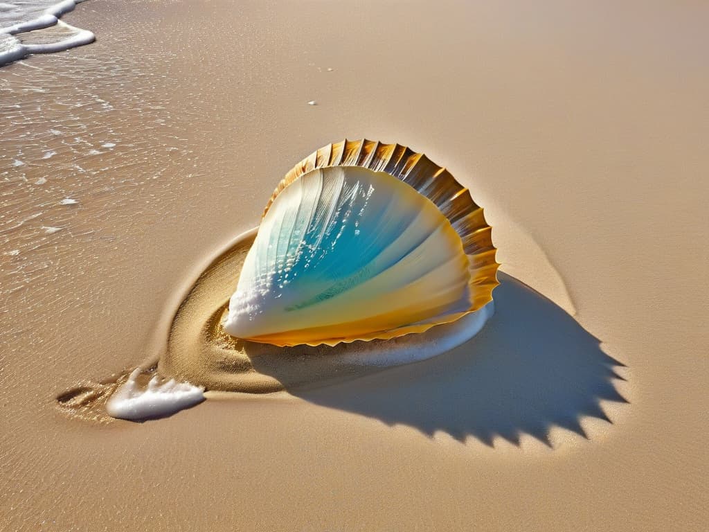  An image of a pristine sandy beach with crystal clear turquoise water gently lapping at the shore, showcasing a solitary conch shell nestled among the grains of sand. The sunlight is casting a soft golden glow, creating intricate patterns of light and shadow on the textured surface of the shell. The overall composition exudes a sense of tranquility and natural beauty, perfectly capturing the essence of pure sea salt in contrast to refined salt. hyperrealistic, full body, detailed clothing, highly detailed, cinematic lighting, stunningly beautiful, intricate, sharp focus, f/1. 8, 85mm, (centered image composition), (professionally color graded), ((bright soft diffused light)), volumetric fog, trending on instagram, trending on tumblr, HDR 4K, 8K