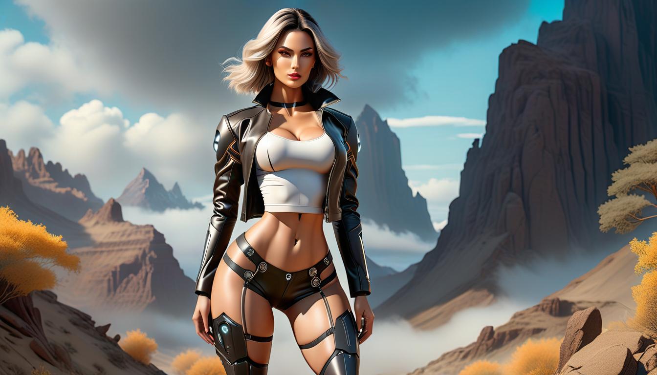  concept art . (masterpiece, high quality, texture mapping: 1.3), double exposure. Curvy, athletically built bio robot, with broad muscular shoulders, slim waist, shapely , and long legs, wearing a mini leather jacket, large bare s with protruding s, mini shorts, stockings in mesh, well lit, surrounded by a fantastic world, hyperrealism, 8K, . digital artwork, ilrative, painterly, matte painting, highly detailed hyperrealistic, full body, detailed clothing, highly detailed, cinematic lighting, stunningly beautiful, intricate, sharp focus, f/1. 8, 85mm, (centered image composition), (professionally color graded), ((bright soft diffused light)), volumetric fog, trending on instagram, trending on tumblr, HDR 4K, 8K