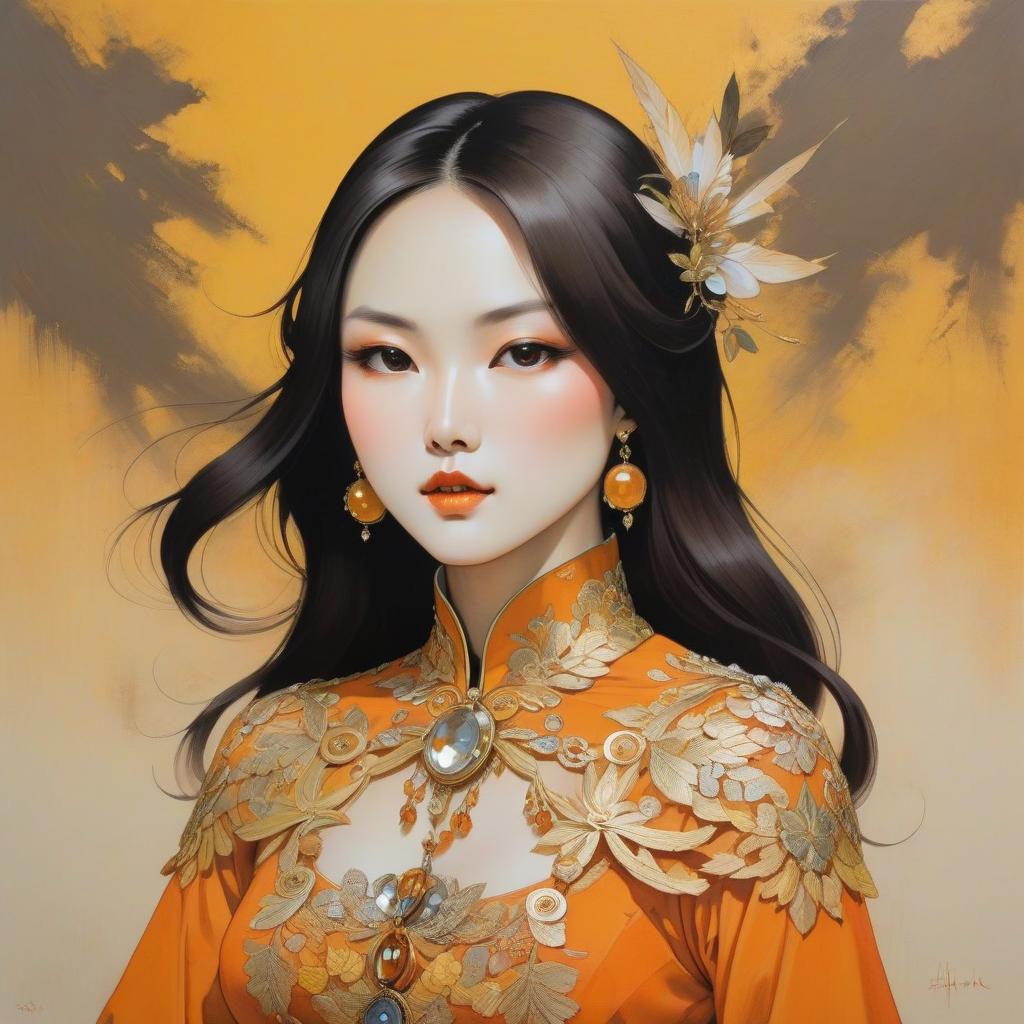  abstract expressionist painting A cartoon girl in an orange costume with gold jewelry, in the style of miho hirano, light yellow and dark brown, close up, traditional costumes, childlike simplicity, comic art, tondo . energetic brushwork, bold colors, abstract forms, expressive, emotional hyperrealistic, full body, detailed clothing, highly detailed, cinematic lighting, stunningly beautiful, intricate, sharp focus, f/1. 8, 85mm, (centered image composition), (professionally color graded), ((bright soft diffused light)), volumetric fog, trending on instagram, trending on tumblr, HDR 4K, 8K