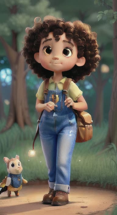  {The tree shining brightly and releasing a gentle, magical light., Riley, a curious with big brown eyes and curly hair, wearing overalls and carrying a small backpack. Their friend, Skye, a bluebird with shiny feathers.