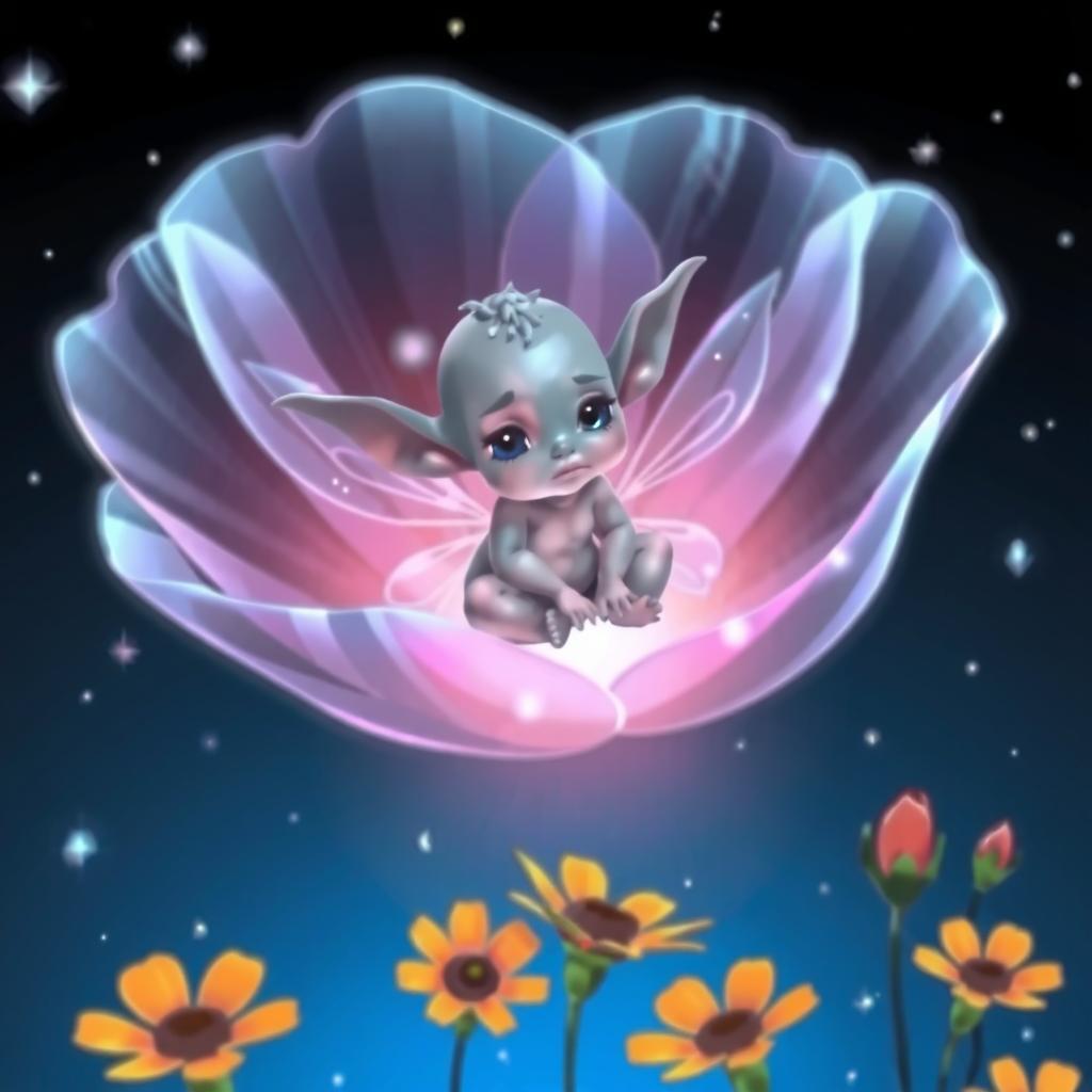  good quality, high quality, a small blue fairy with large ears sitting inside a glowing translucent flower, with a dark blue background and orange flowers in the foreground, the fairy is glowing with blue light, the flower is glowing with pink and purple light. the background is full of small white stars. the fairy has a sad expression. the image should be in a realistic style.