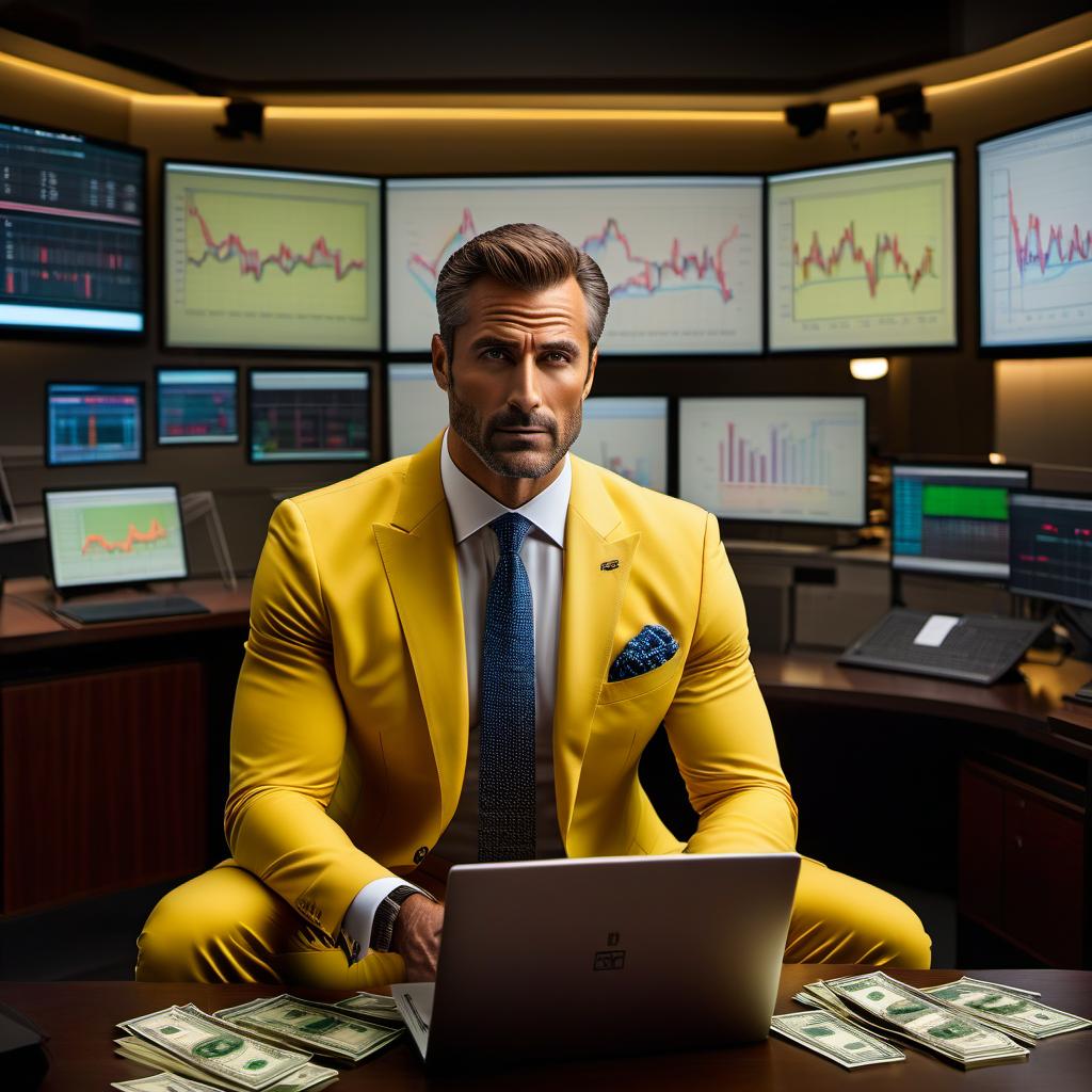  hyperrealistic art Please draw a solid grown up man trader in a yellow suit, sitting at a laptop. Nearby are monitors with charts and a stack of money on the table. . extremely high resolution details, photographic, realism pushed to extreme, fine texture, incredibly lifelike hyperrealistic, full body, detailed clothing, highly detailed, cinematic lighting, stunningly beautiful, intricate, sharp focus, f/1. 8, 85mm, (centered image composition), (professionally color graded), ((bright soft diffused light)), volumetric fog, trending on instagram, trending on tumblr, HDR 4K, 8K