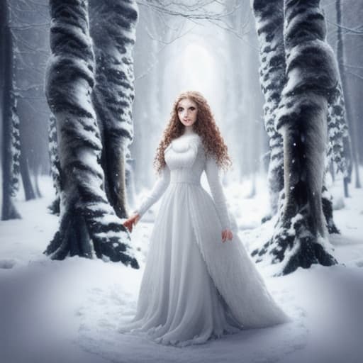  Elven white curly haired girl in white forest with snow with wolves