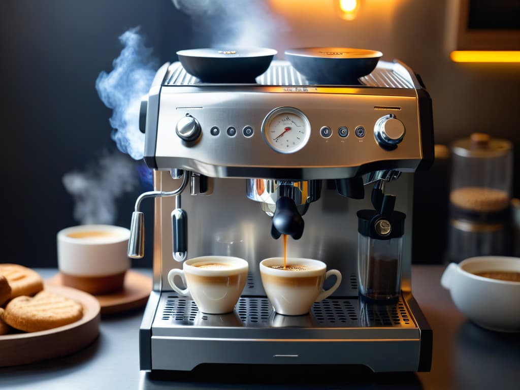  A highresolution, ultradetailed image of a sleek and modern espresso machine against a backdrop of a cozy kitchen setting. The espresso machine is the focal point, with its polished metallic surfaces reflecting the warm glow of the surrounding ambient lighting. The minimalistic design of the machine exudes sophistication and elegance, making it the perfect companion for enjoying delectable desserts. hyperrealistic, full body, detailed clothing, highly detailed, cinematic lighting, stunningly beautiful, intricate, sharp focus, f/1. 8, 85mm, (centered image composition), (professionally color graded), ((bright soft diffused light)), volumetric fog, trending on instagram, trending on tumblr, HDR 4K, 8K