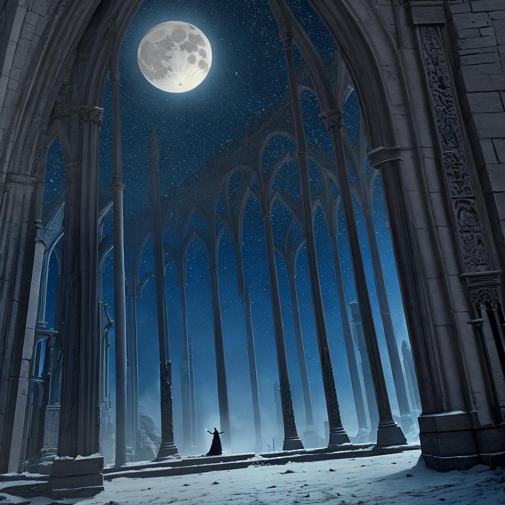  in a gothic aesthetic, Ethereal spires pierce the moonlit sky, as ancient arches weave tales of forgotten realms in a Gothic tapestry.