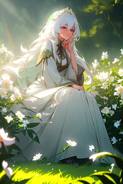  (masterpiece, best quality),1girl with long white hair sitting in a field of green plants and flowers, her hand under her chin, warm lighting, white dress, blurry foreground hyperrealistic, full body, detailed clothing, highly detailed, cinematic lighting, stunningly beautiful, intricate, sharp focus, f/1. 8, 85mm, (centered image composition), (professionally color graded), ((bright soft diffused light)), volumetric fog, trending on instagram, trending on tumblr, HDR 4K, 8K