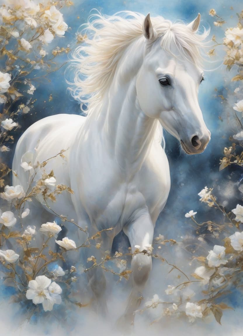  Digital illustration in ink and watercolor on vellum. Gorgeous correct, realistic elegant white arabian horse. Beautiful, majestic, mystical, epic appearance:: detailed white plumage. Background:: surreal abstract with runic circle, thin vines, forget me not flowers, fantastic golden blossoms. Glowing signs and sparkling particles. Detailed detailing. Stylistics: fairy tale, dream, fantasy, modern. In the manner of Peter Papikhin, Fragonard and Van Gogh. High quality, HDR. hyperrealistic, full body, detailed clothing, highly detailed, cinematic lighting, stunningly beautiful, intricate, sharp focus, f/1. 8, 85mm, (centered image composition), (professionally color graded), ((bright soft diffused light)), volumetric fog, trending on instagram, trending on tumblr, HDR 4K, 8K