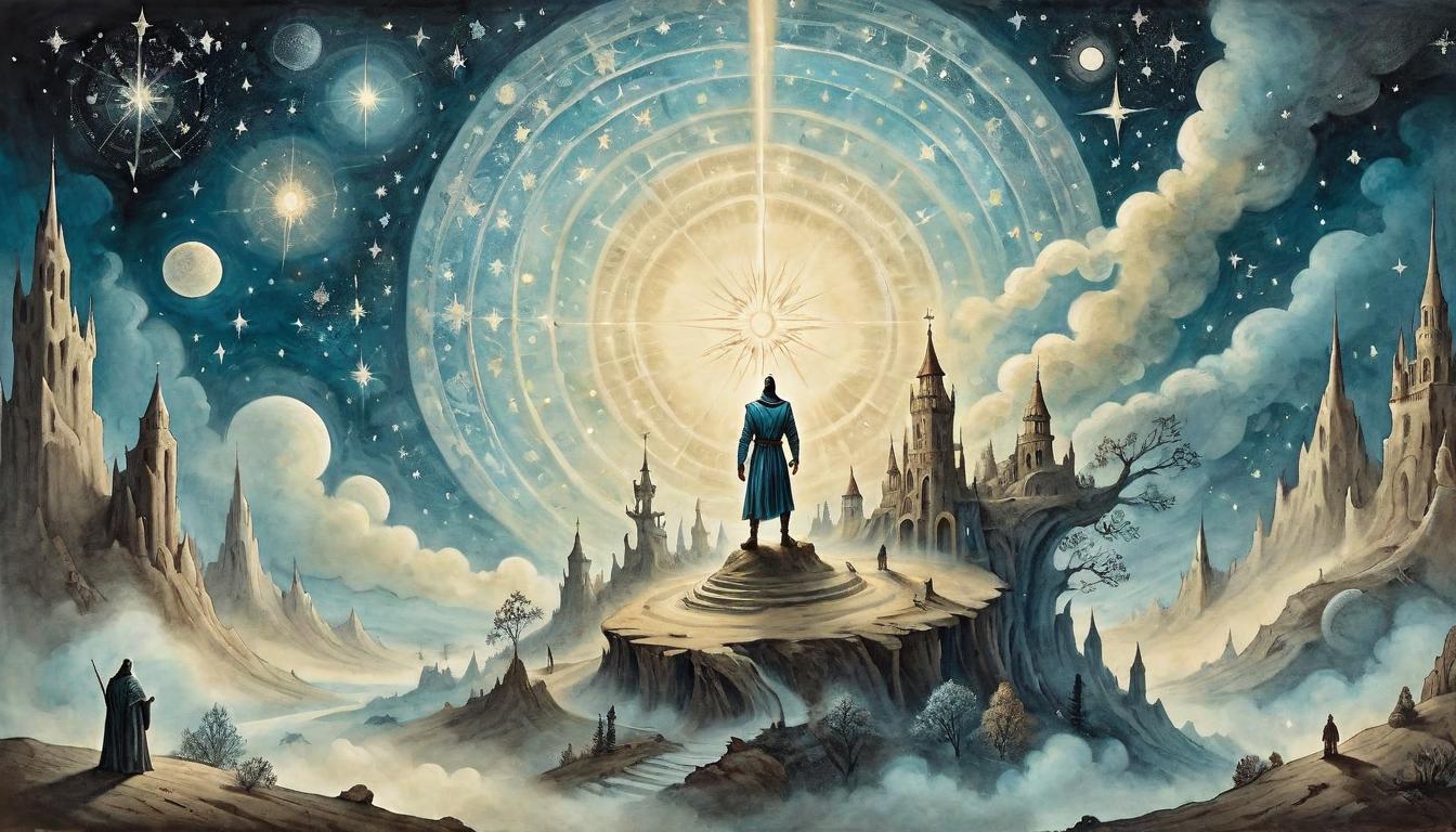  on parchment, surrealism+++, A figure rising from the earth, surrounded by shimmering stardust, light beams shining upward, triumphant, radiant(mysterious, provocative, symbolic,muted color)+++