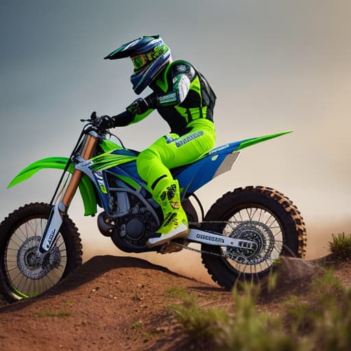  green dirtbiker hyperrealistic, full body, detailed clothing, highly detailed, cinematic lighting, stunningly beautiful, intricate, sharp focus, f/1. 8, 85mm, (centered image composition), (professionally color graded), ((bright soft diffused light)), volumetric fog, trending on instagram, trending on tumblr, HDR 4K, 8K