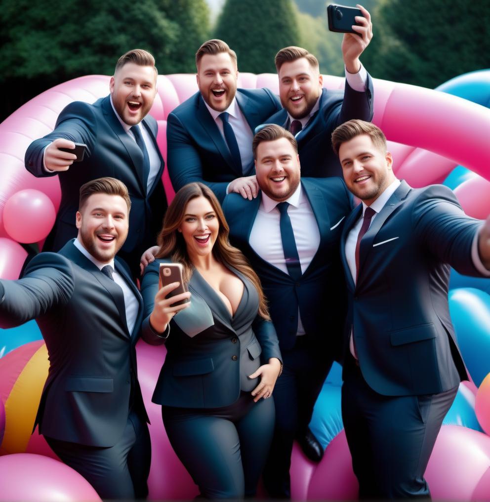  a group of obese manager types in suits in their uniforms happily taking a selfie in a bouncy castle hyperrealistic, full body, detailed clothing, highly detailed, cinematic lighting, stunningly beautiful, intricate, sharp focus, f/1. 8, 85mm, (centered image composition), (professionally color graded), ((bright soft diffused light)), volumetric fog, trending on instagram, trending on tumblr, HDR 4K, 8K