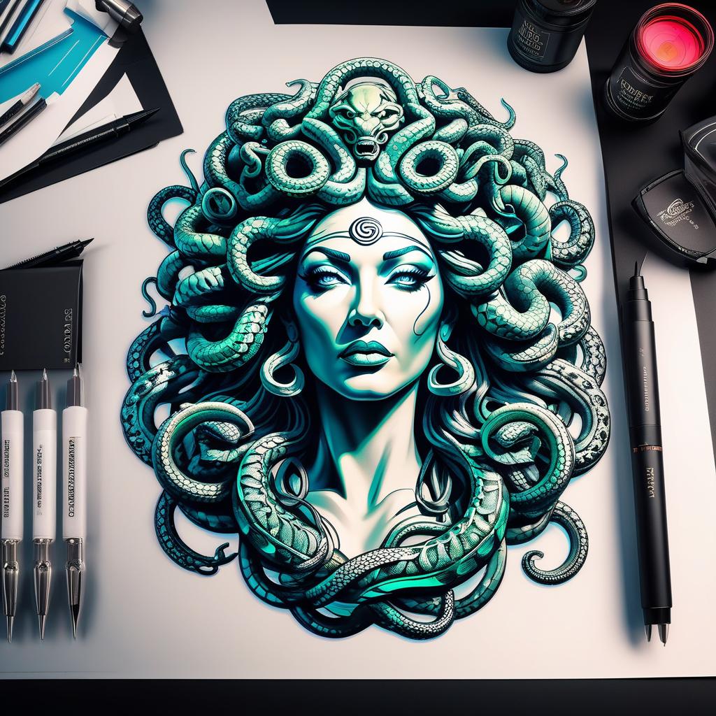  Corporate branding style Medusa Gorgon sketch neon tattoo . Professional, clean, modern, sleek, minimalist, business oriented, highly detailed hyperrealistic, full body, detailed clothing, highly detailed, cinematic lighting, stunningly beautiful, intricate, sharp focus, f/1. 8, 85mm, (centered image composition), (professionally color graded), ((bright soft diffused light)), volumetric fog, trending on instagram, trending on tumblr, HDR 4K, 8K