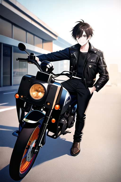  masterpiece, best quality, 1man, solo, jacket, hand in pocket,  bag, black hair, black eyes, cyberpunk, street, machinery, motor vehicle, motorcycle, panorama, sungles, blue background, riding, (( Man )), (( lively eyes )), (( pale brown eyes )), ((  hair )), (( sed-back hair )), (( fully-clothed attire ))
