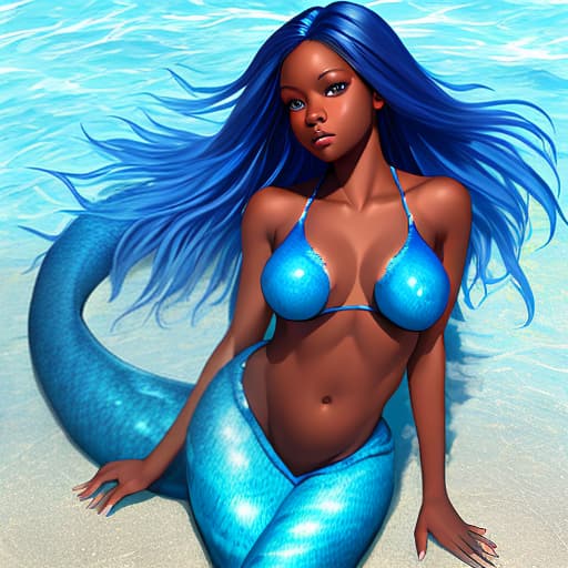  Create a image of Airbrushed Hyperrealistic Glossy Beautiful African American dark-skinned Female Mermaids full body image with blue top a blue long hair Blue tail