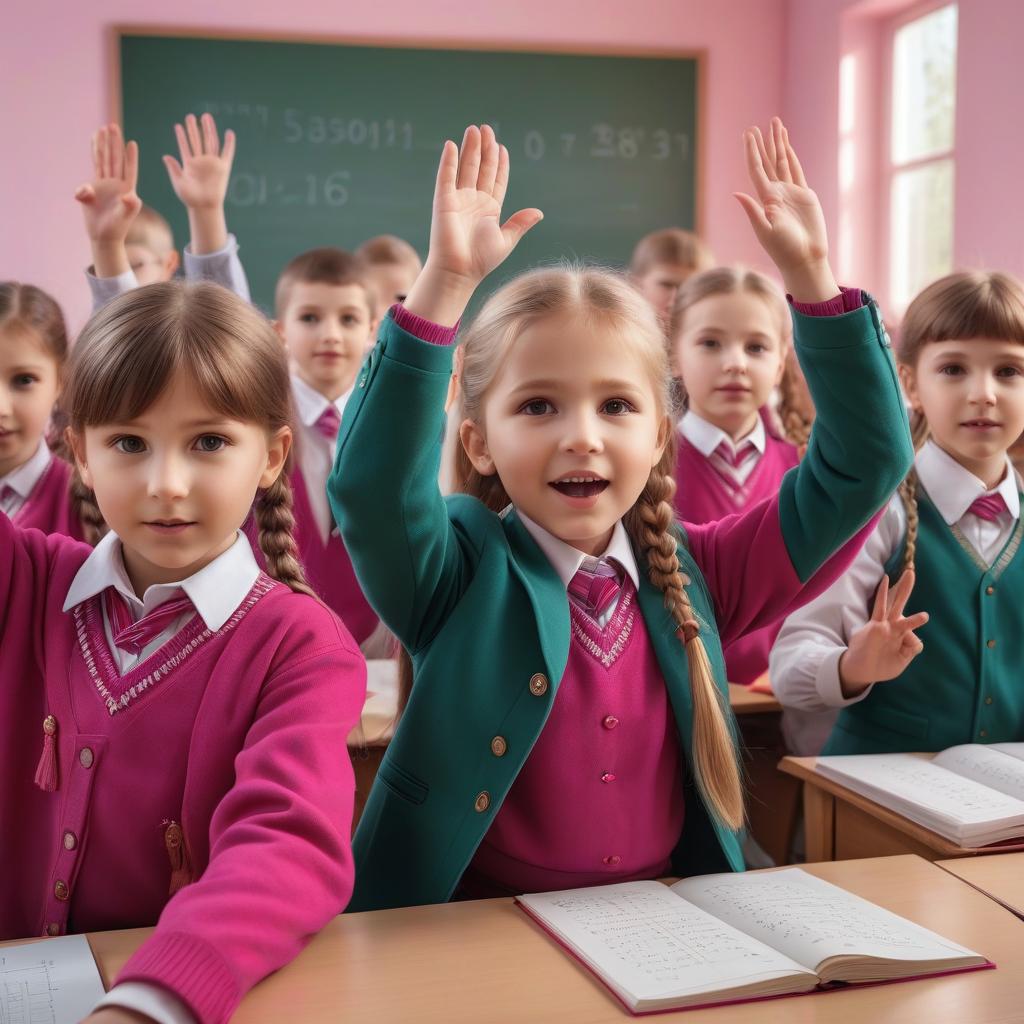  Children in Russian math lessons pull their hands up, eager to answer. Stern faces and hands. Boys and girls in Russian math lessons. Primary school in Russia. High motivation. Pink hues. Fuchsia color. Hands up. hyperrealistic, full body, detailed clothing, highly detailed, cinematic lighting, stunningly beautiful, intricate, sharp focus, f/1. 8, 85mm, (centered image composition), (professionally color graded), ((bright soft diffused light)), volumetric fog, trending on instagram, trending on tumblr, HDR 4K, 8K