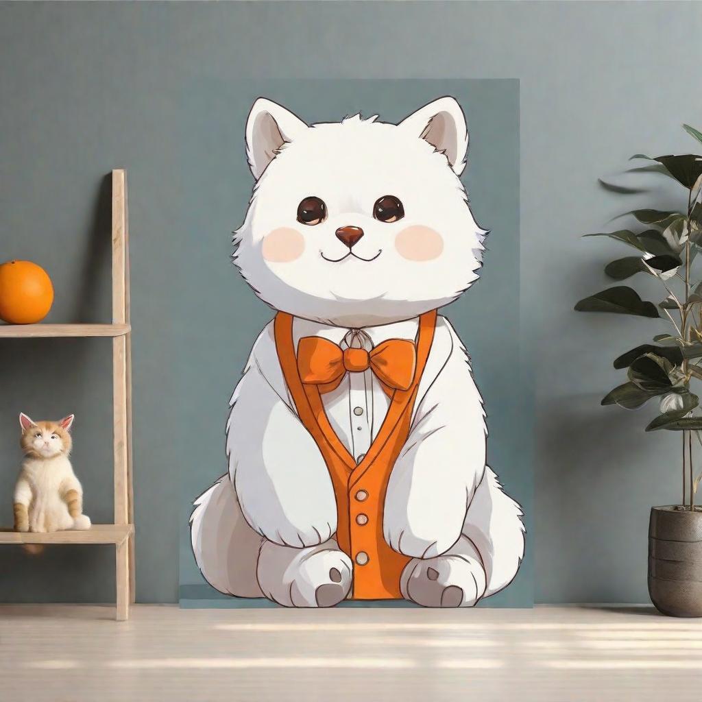  masterpiece, best quality,Draw a white bear and orange cat, Japanese anime style, cute point