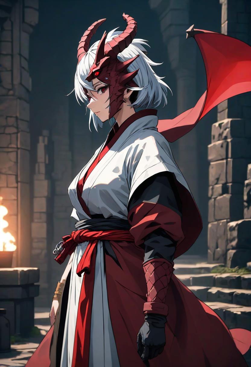  anime artwork Mountainous background, dragon head, female white dragonborn, with steak in hends, wearing a monk robe aged black red paper, darkest dungeon style, lonely, full body, more realistic style, . anime style, key visual, vibrant, studio anime, highly detailed hyperrealistic, full body, detailed clothing, highly detailed, cinematic lighting, stunningly beautiful, intricate, sharp focus, f/1. 8, 85mm, (centered image composition), (professionally color graded), ((bright soft diffused light)), volumetric fog, trending on instagram, trending on tumblr, HDR 4K, 8K