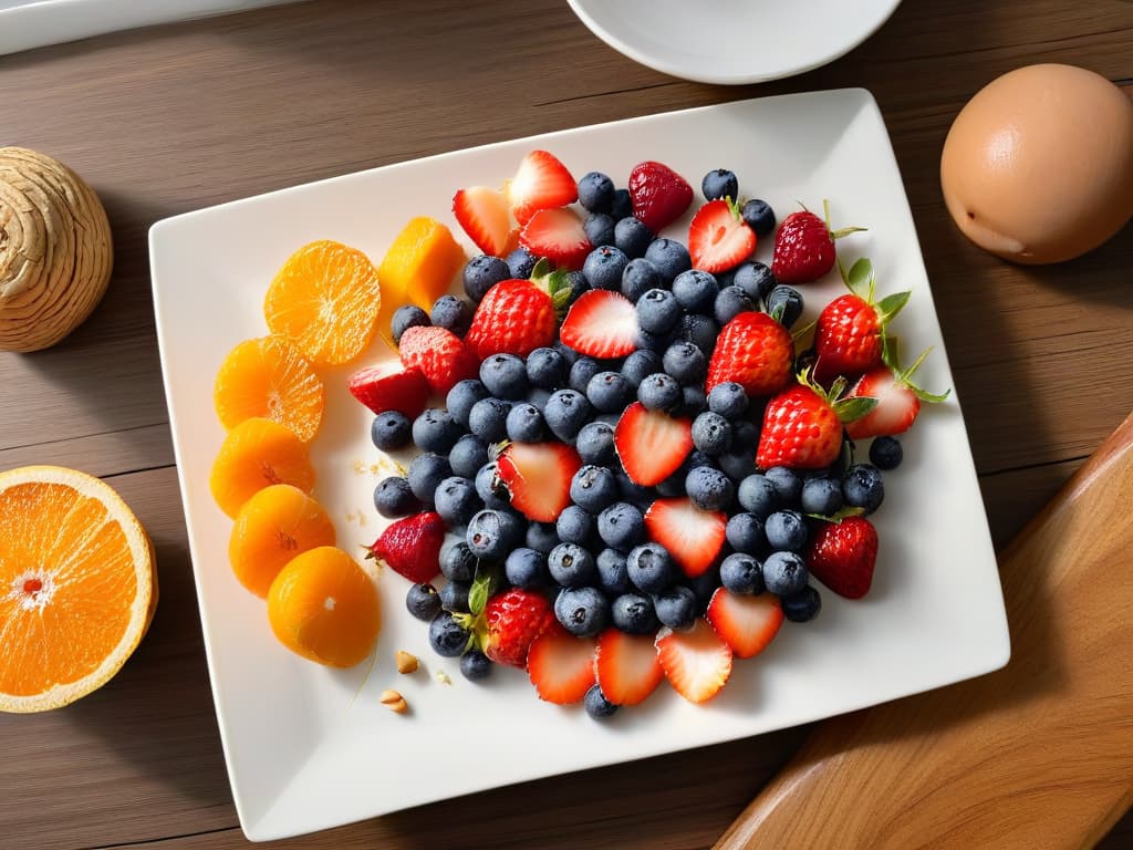  A minimalistic image of a colorful array of fresh fruits such as strawberries, blueberries, and sliced oranges arranged neatly on a white plate, drizzled with a hint of honey and sprinkled with crushed almonds, all placed on a light wooden table against a soft, blurred background. hyperrealistic, full body, detailed clothing, highly detailed, cinematic lighting, stunningly beautiful, intricate, sharp focus, f/1. 8, 85mm, (centered image composition), (professionally color graded), ((bright soft diffused light)), volumetric fog, trending on instagram, trending on tumblr, HDR 4K, 8K