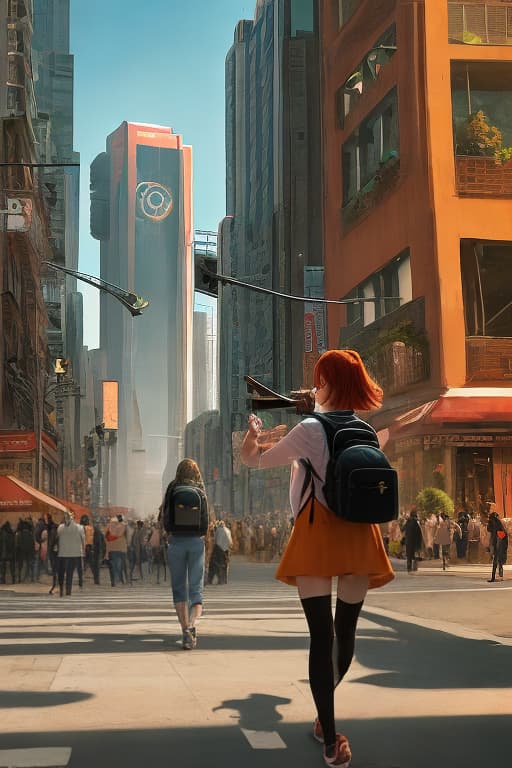  A young woman walks down a bustling city street, her eyes fixed on the horizon. The sun is setting, casting a warm orange glow over everything. She carries a small backpack and has a determined look on her face. In the distance, a skyscraper rises up, its sleek lines reflecting the city's energy. The air is filled with the sounds of honking horns and chattering pedestrians. She looks like she belongs here, like this is where she has always wanted to be.