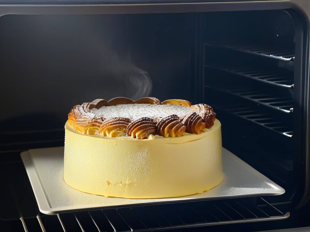  A closeup, ultradetailed image of a perfectly risen, goldenbrown soufflé in a sleek, modern convection oven. The light from the oven's interior softly illuminates the intricate texture of the soufflé, showcasing its fluffy yet structured form. The minimalistic design of the oven's sleek lines and digital display adds a touch of sophistication to the scene, emphasizing the precision and excellence that convection ovens bring to professional pastry chefs. hyperrealistic, full body, detailed clothing, highly detailed, cinematic lighting, stunningly beautiful, intricate, sharp focus, f/1. 8, 85mm, (centered image composition), (professionally color graded), ((bright soft diffused light)), volumetric fog, trending on instagram, trending on tumblr, HDR 4K, 8K