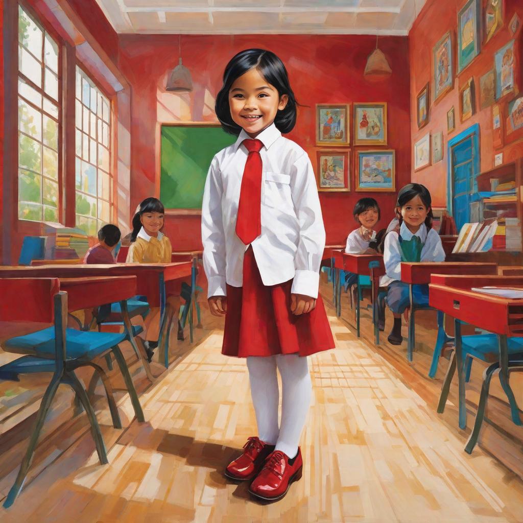  masterpiece, best quality, In a quaint Indonesian elementary , a charming grade 3 student catches our attention. She radiates grace and poise, wearing a long-sleeved white shirt and a striking red that gracefully sways with her every step. The black shoes and white socks she wears add to the overall elegance of her attire, while a neatly tied red tie completes the ensemble. The environment is a serene clroom, filled with colorful educational materials and vint artwork adorning the walls. The mood is one of curiosity and enthusiasm, as the eagerly engages with her studies. The style is reminiscent of a clic painting, with delicate brushstrokes capturing the 's youthful beauty. Soft, diffused lighting es the 