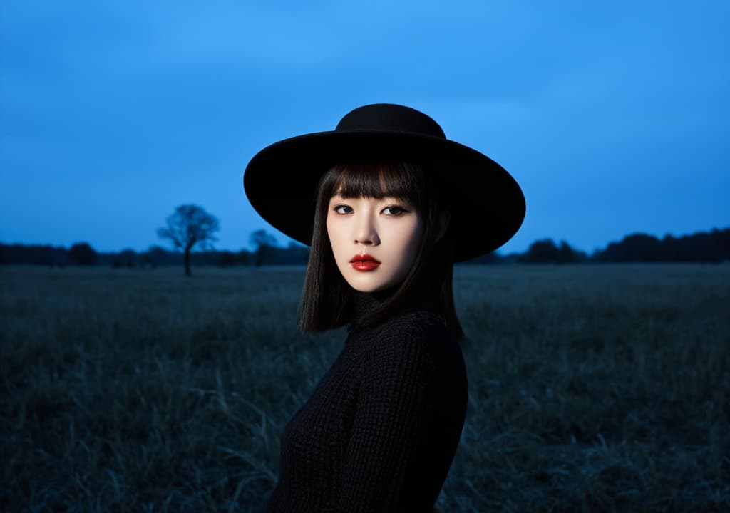  good quality, high quality, [high resolution cinematic fashion editorial, shot on 35mm film], [young east asian female model with pale blue skin tone, straight black bangs framing a delicate face, dark almond shaped eyes emphasized by sharp eyeliner, and glossy red lips], [wearing a large black wide brimmed hat with a textured black high neck dress], [standing in a desolate field of tall grasses under an intense blue sky with silhouettes of distant trees], [eerie, surreal lighting with deep shadows, creating a stark contrast and mysterious mood], [front facing close up pose, directly engaging with the camera], [shot on fujifilm velvia 50], [deep blue, jet black, pale skin palette]