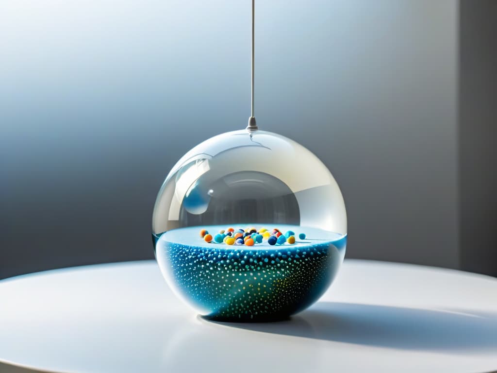  A closeup, ultradetailed image of a transparent sphere filled with colorful molecular gastronomy pearls, suspended in midair with a sleek, modern kitchen setting in the background. The pearls are vibrant and iridescent, reflecting light in a mesmerizing way, showcasing the intricate and innovative nature of molecular gastronomy in a visually striking and minimalistic composition. hyperrealistic, full body, detailed clothing, highly detailed, cinematic lighting, stunningly beautiful, intricate, sharp focus, f/1. 8, 85mm, (centered image composition), (professionally color graded), ((bright soft diffused light)), volumetric fog, trending on instagram, trending on tumblr, HDR 4K, 8K