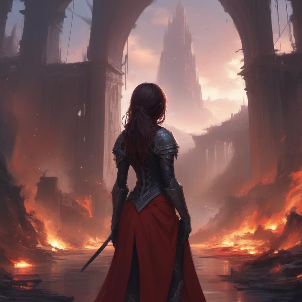  concept art Girl, beautiful, in red dress, fantasy style armor, sunset, ruins, chaos red energy, digital art, sakimichan, many details, masterpiece, best in the world art, winner of artstation contest. . digital artwork, illustrative, painterly, matte painting, highly detailed
