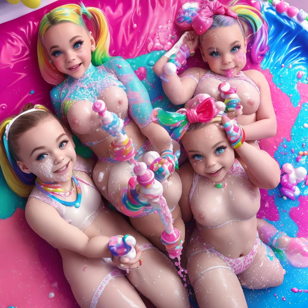  in a Candyland style, maddie Ziegler and Jojo Siwa, cumpussys, wet white cream splatted everywhere, accomplice, bed, undressed, sloppycum, no clothes on, intercoursesex