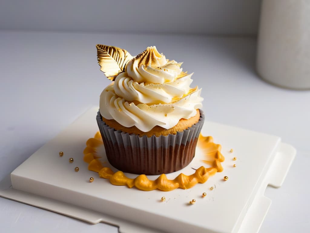  A closeup, ultradetailed image of a delicate, perfectly frosted cupcake, adorned with a single, shimmering gold leaf delicately placed on top. The cupcake sits on a sleek, modern white plate against a soft, blurred background that highlights the intricate details of the frosting swirls and the glistening gold leaf, creating an elegant and minimalistic visual representation of culinary artistry. hyperrealistic, full body, detailed clothing, highly detailed, cinematic lighting, stunningly beautiful, intricate, sharp focus, f/1. 8, 85mm, (centered image composition), (professionally color graded), ((bright soft diffused light)), volumetric fog, trending on instagram, trending on tumblr, HDR 4K, 8K