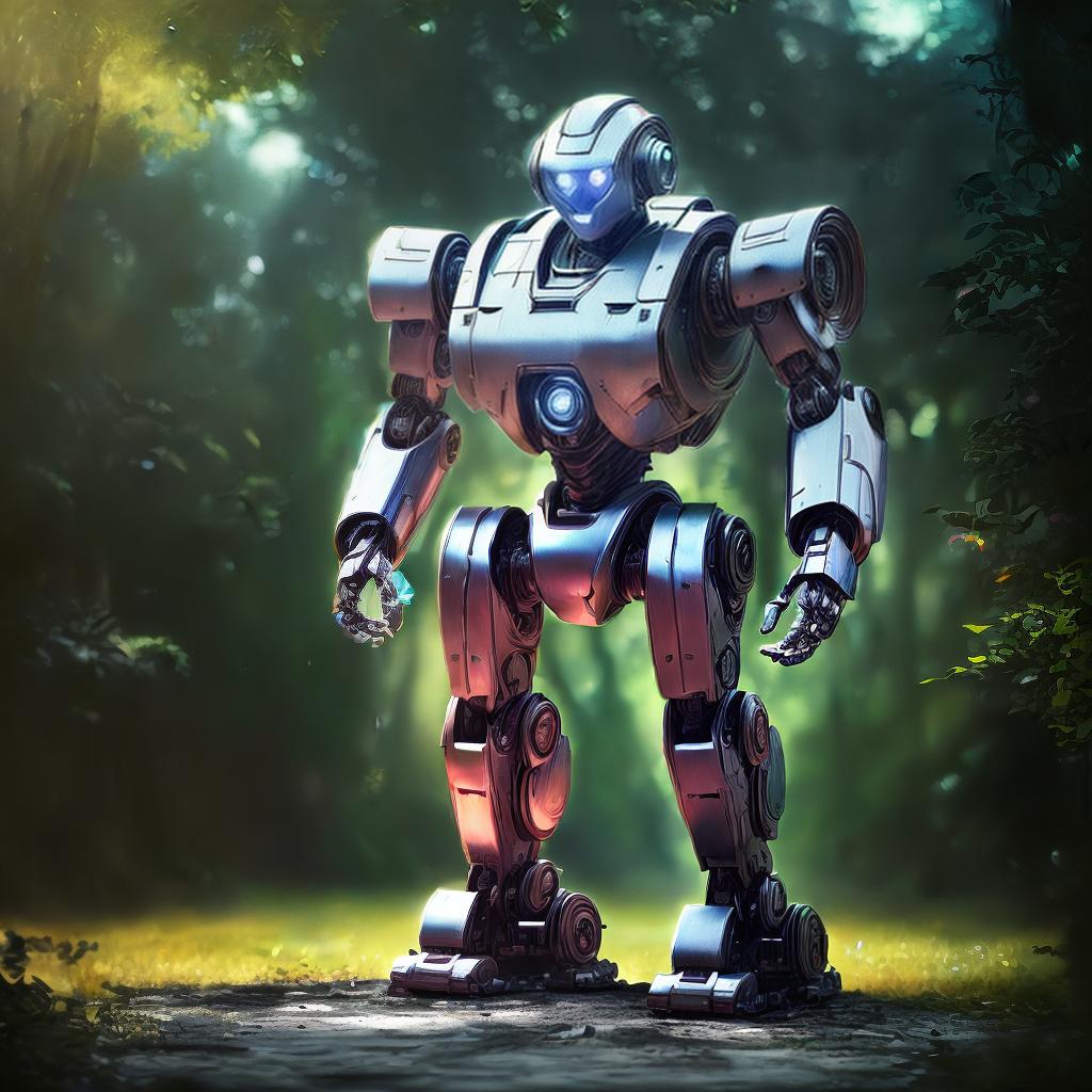  a robot in blurry fantasy forrest background, best quality, ultrahigh resolution, highly detailed, (sharp focus), masterpiece, (centered image composition), (professionally color graded), ((bright soft diffused light)), trending on instagram, trending on tumblr, HDR 4K