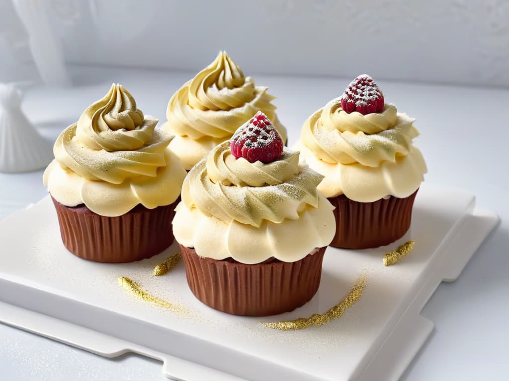  A closeup, ultradetailed image of a beautifully decorated cupcake with delicate swirls of pastelcolored frosting, topped with a single glistening raspberry and a sprinkle of edible gold dust. The cupcake sits on a sleek, white marble countertop, with soft natural light illuminating the intricate details of the dessert. Each swirl of frosting is perfectly piped, showcasing precision and skill in the art of pastry decoration. The image exudes elegance and sophistication, inviting the viewer to appreciate the artistry of allergensafe baking techniques in pastry making. hyperrealistic, full body, detailed clothing, highly detailed, cinematic lighting, stunningly beautiful, intricate, sharp focus, f/1. 8, 85mm, (centered image composition), (professionally color graded), ((bright soft diffused light)), volumetric fog, trending on instagram, trending on tumblr, HDR 4K, 8K