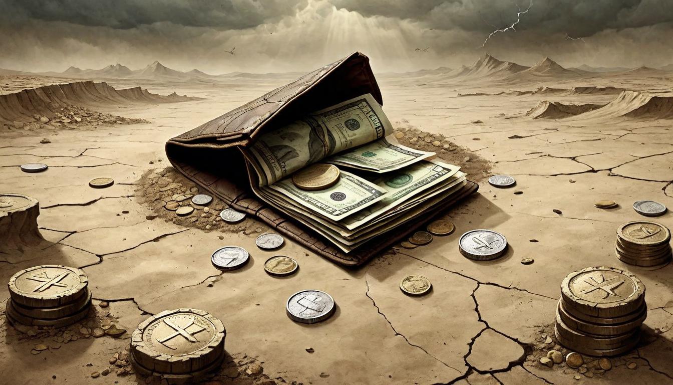  on parchment, surrealism+++, A tattered wallet amidst cracked earth, coins scattered around, symbolizing financial scarcity, a distant storm hints at impending challenges, desolation, hope on the horizon(mysterious, provocative, symbolic,muted color)+++