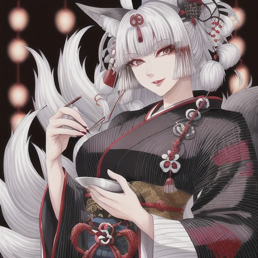  old fox lady, black-white hair, Japanese outfits, age 30 old, big red needle in hands, self-confident look, japanese makeup