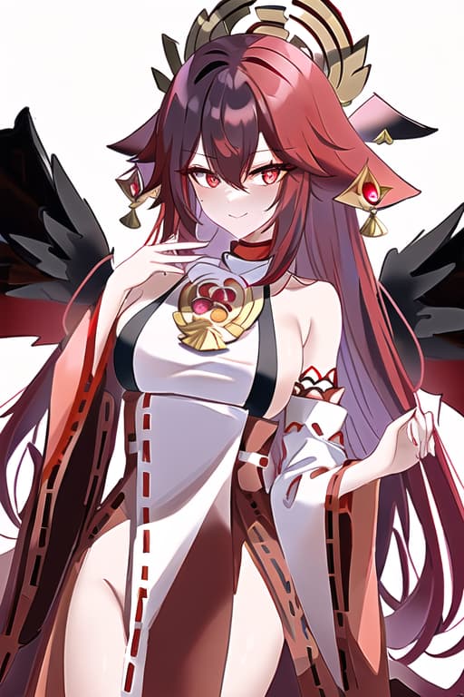  black hair with red fade,young,piercing red eyes,black choker with a red gem,kitsune,vampire,black tails with red tips,(yae miko:1.3), (masterpiece), (highest quality), (intricate), (high detail),Angel, white dress, multiple wings, large wings, fairy, masterpiece, best quality, high quality, solo