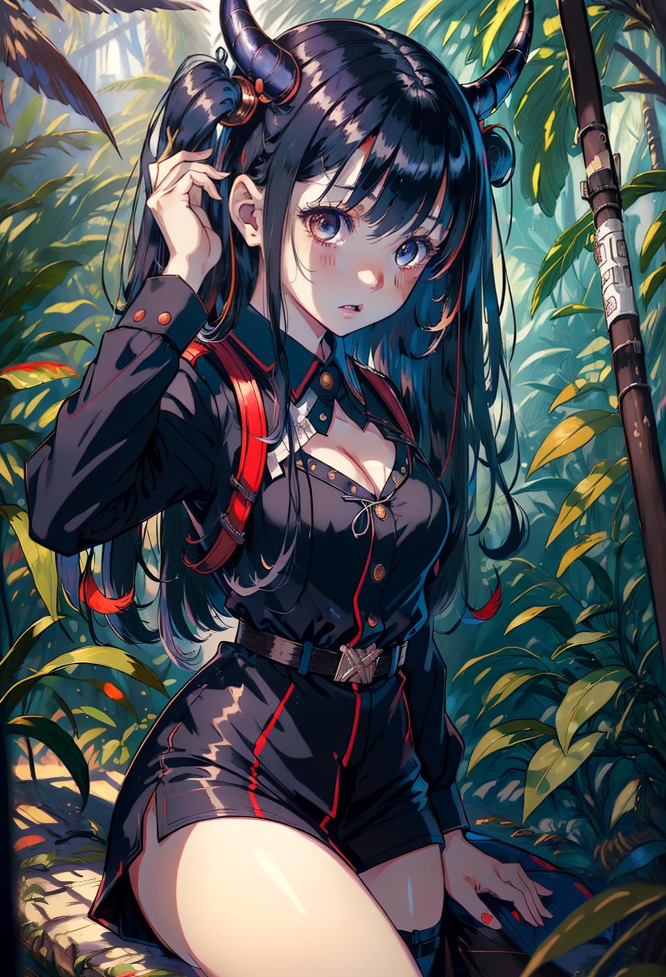  ((trending, highres, masterpiece, cinematic shot)), 1girl, chibi, female World War II outfit, jungle scene, long curly dark blue hair, parted bangs,  heterochromia eyes, sweet personality, scared expression, horns, wings, very pale skin, lively, energetic