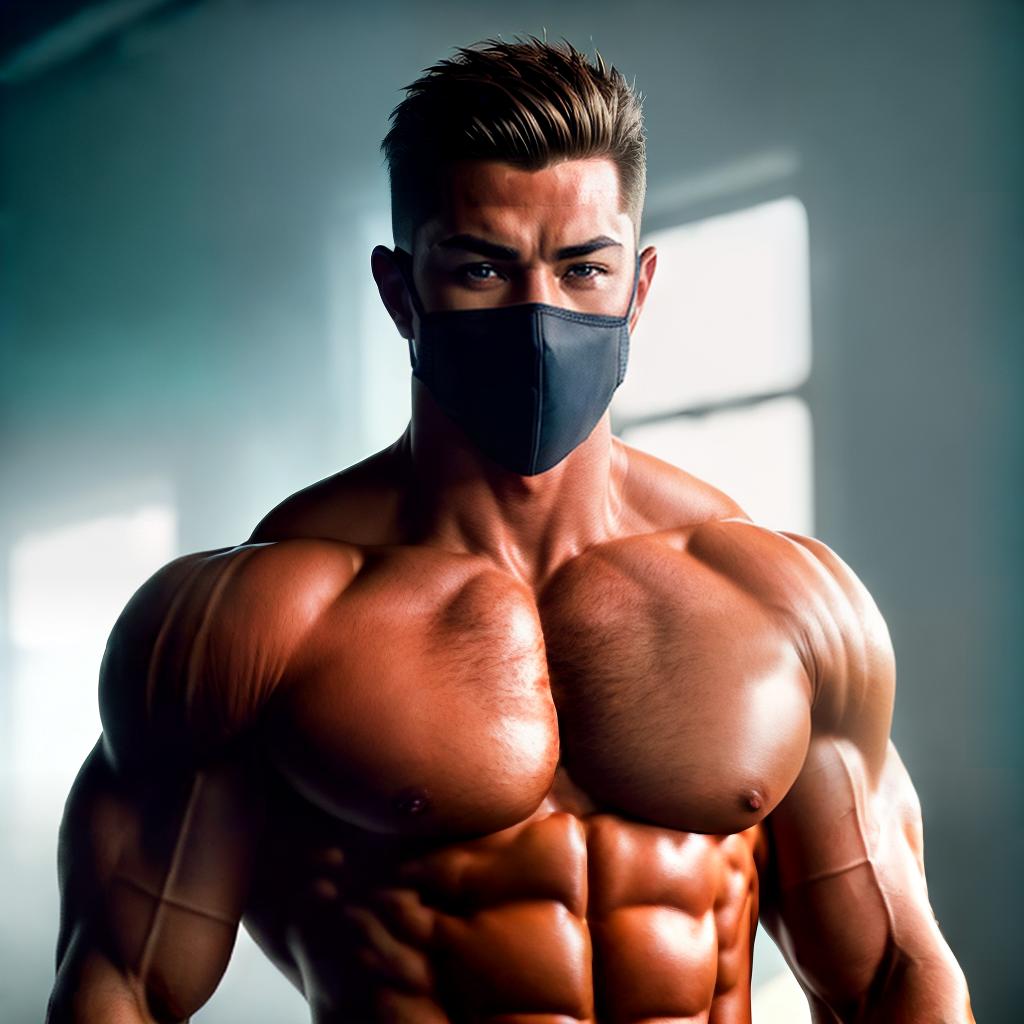  Handsome muscular guy in a mask with a bare torso ,highly detailed, cinematic lighting, stunningly beautiful, intricate, sharp focus, f1. 8, 85mm, (centered image composition), (professionally color graded), ((bright soft diffused light)), volumetric fog, trending on instagram, trending on tumblr, HDR 4K, 8K