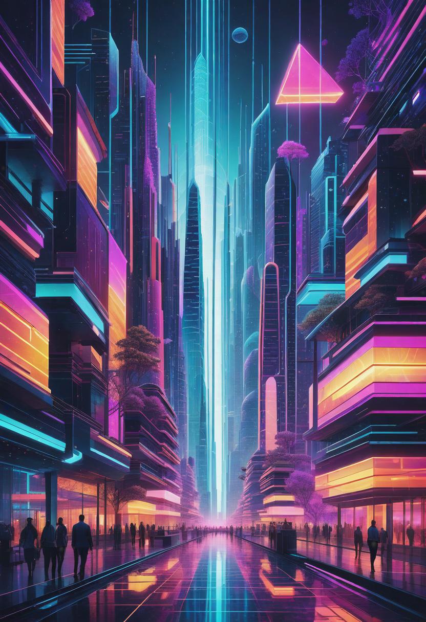  1. A futuristic cityscape with towering skyscrapers, bathed in a vibrant neon glow, emanating from every window, creating an otherworldly atmosphere. 
2. An abstract representation of connectivity, featuring a network of intricate geometric shapes intertwined with glowing lines, reminiscent of a digital web. 
3. A surreal landscape of floating islands, adorned with pixelated trees and cascading waterfalls, all rendered in a mesmerizing glitched aesthetic. hyperrealistic, full body, detailed clothing, highly detailed, cinematic lighting, stunningly beautiful, intricate, sharp focus, f/1. 8, 85mm, (centered image composition), (professionally color graded), ((bright soft diffused light)), volumetric fog, trending on instagram, trending on tumblr, HDR 4K, 8K