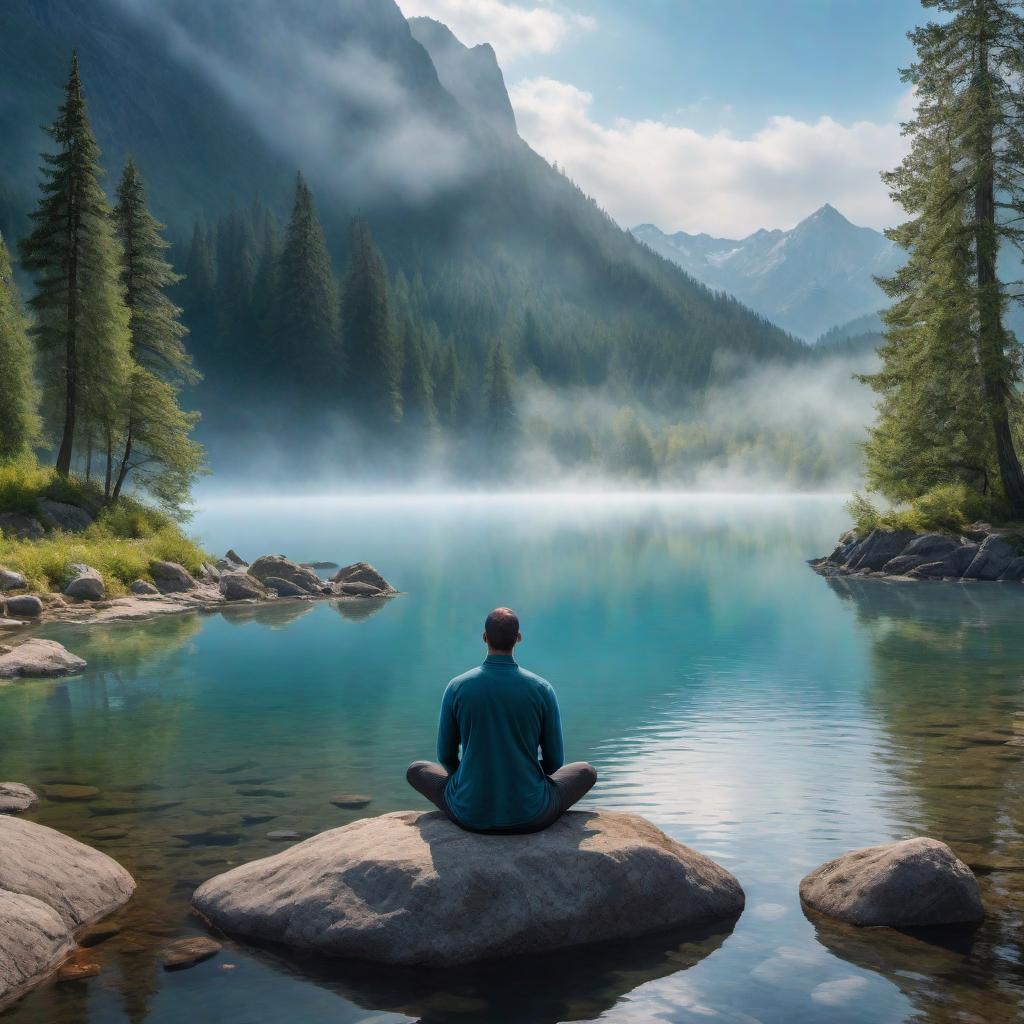  A serene scene showing an empath sitting on a rock by a peaceful lake, practicing mindfulness and meditation. The empath is surrounded by subtle waves of emotions, depicted as gentle, colorful auras (blue for calm, red for stress, green for joy) around their body. Nearby nature elements like trees and mountains in the background provide a calm environment, while grounding objects like stones and a small crystal circle are placed around them. The scene reflects self-reflection, mindfulness, grounding, and emotional boundaries. hyperrealistic, full body, detailed clothing, highly detailed, cinematic lighting, stunningly beautiful, intricate, sharp focus, f/1. 8, 85mm, (centered image composition), (professionally color graded), ((bright soft diffused light)), volumetric fog, trending on instagram, trending on tumblr, HDR 4K, 8K