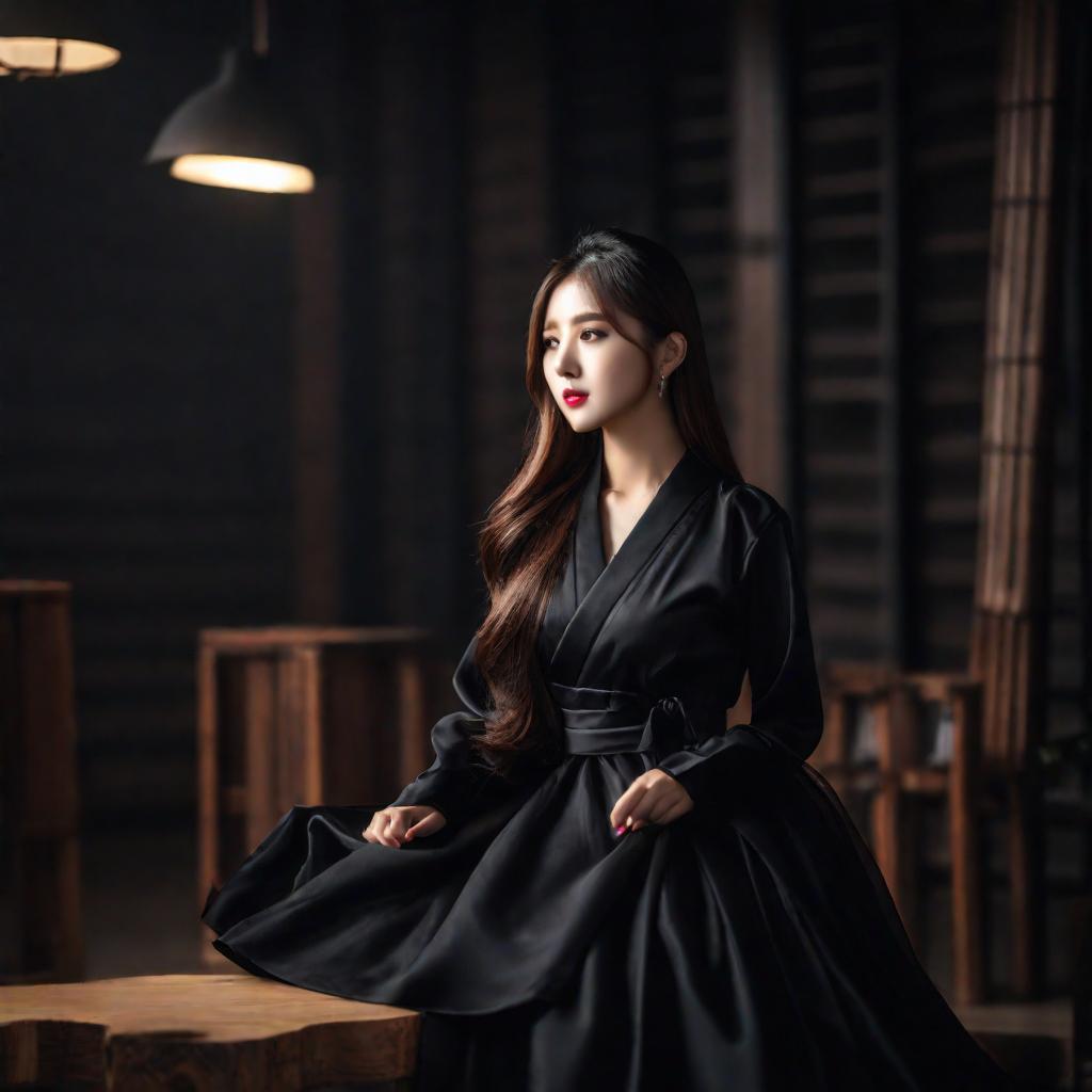  photo on a dark background, portrait photo, beautiful korean girl, long hair, black dress, cute, hyper detail, full HD hyperrealistic, full body, detailed clothing, highly detailed, cinematic lighting, stunningly beautiful, intricate, sharp focus, f/1. 8, 85mm, (centered image composition), (professionally color graded), ((bright soft diffused light)), volumetric fog, trending on instagram, trending on tumblr, HDR 4K, 8K