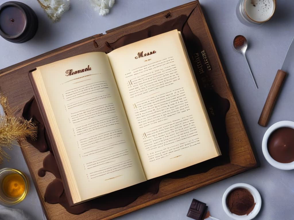  A minimalist and visually striking image of a vintage chocolate mousse recipe book open on a wooden table, showcasing handwritten notes and splatters of chocolate alongside elegant typography detailing the history of chocolate mousse. The warm, soft lighting highlights the intricate details of the aged pages and the rich history behind this beloved dessert, evoking a sense of nostalgia and culinary heritage. hyperrealistic, full body, detailed clothing, highly detailed, cinematic lighting, stunningly beautiful, intricate, sharp focus, f/1. 8, 85mm, (centered image composition), (professionally color graded), ((bright soft diffused light)), volumetric fog, trending on instagram, trending on tumblr, HDR 4K, 8K