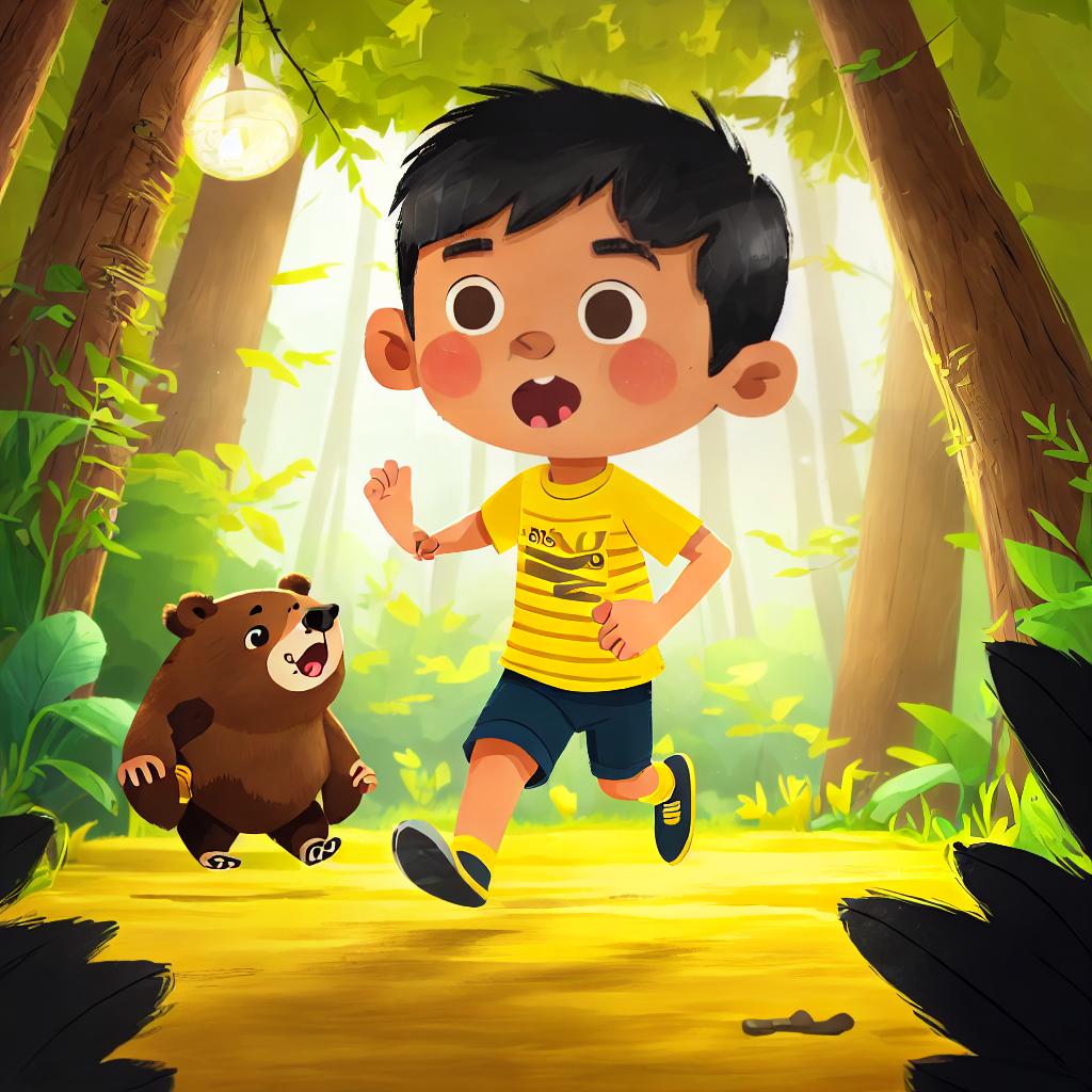  a boy with black short hair, brown shirt and yellow pants is running, a bear is standing, in the cabin, dim light