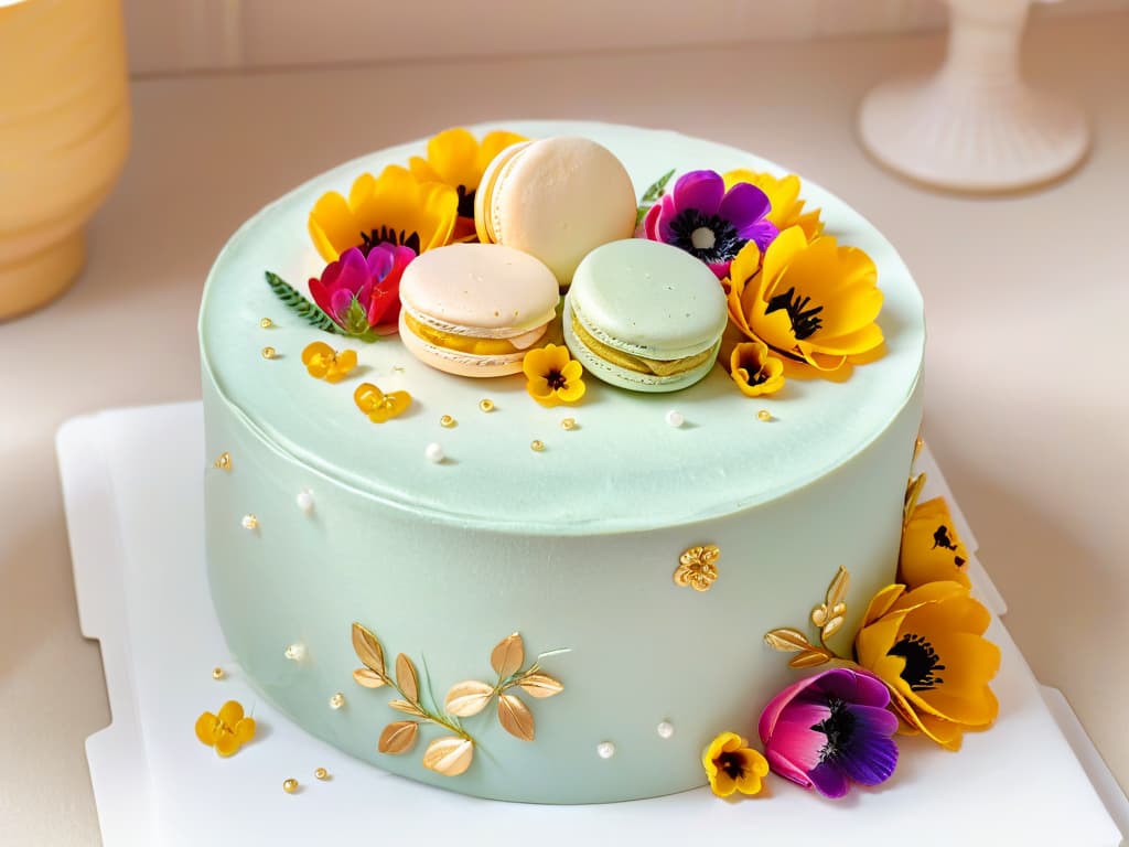  An ultradetailed closeup image of a delicate, intricate cake decoration featuring pastelcolored macarons, edible flowers, and gold leaf accents. The focus is on the meticulous detail and precision of the design, showcasing the artistry and skill involved in modern pastry trends influenced by social media aesthetics. The image conveys a sense of elegance, sophistication, and creativity, capturing the essence of successful pastry creations in the Instagram era. hyperrealistic, full body, detailed clothing, highly detailed, cinematic lighting, stunningly beautiful, intricate, sharp focus, f/1. 8, 85mm, (centered image composition), (professionally color graded), ((bright soft diffused light)), volumetric fog, trending on instagram, trending on tumblr, HDR 4K, 8K