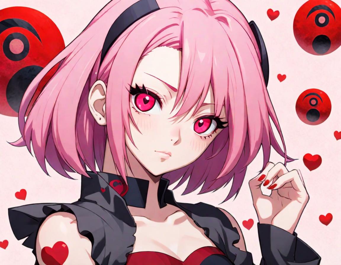  1 Naruto female character apart of Uchiha family with Sharingan red heart shape iris eyes office siren aesthetic with oval shaped gles and pink hair yandere coquette, blank background