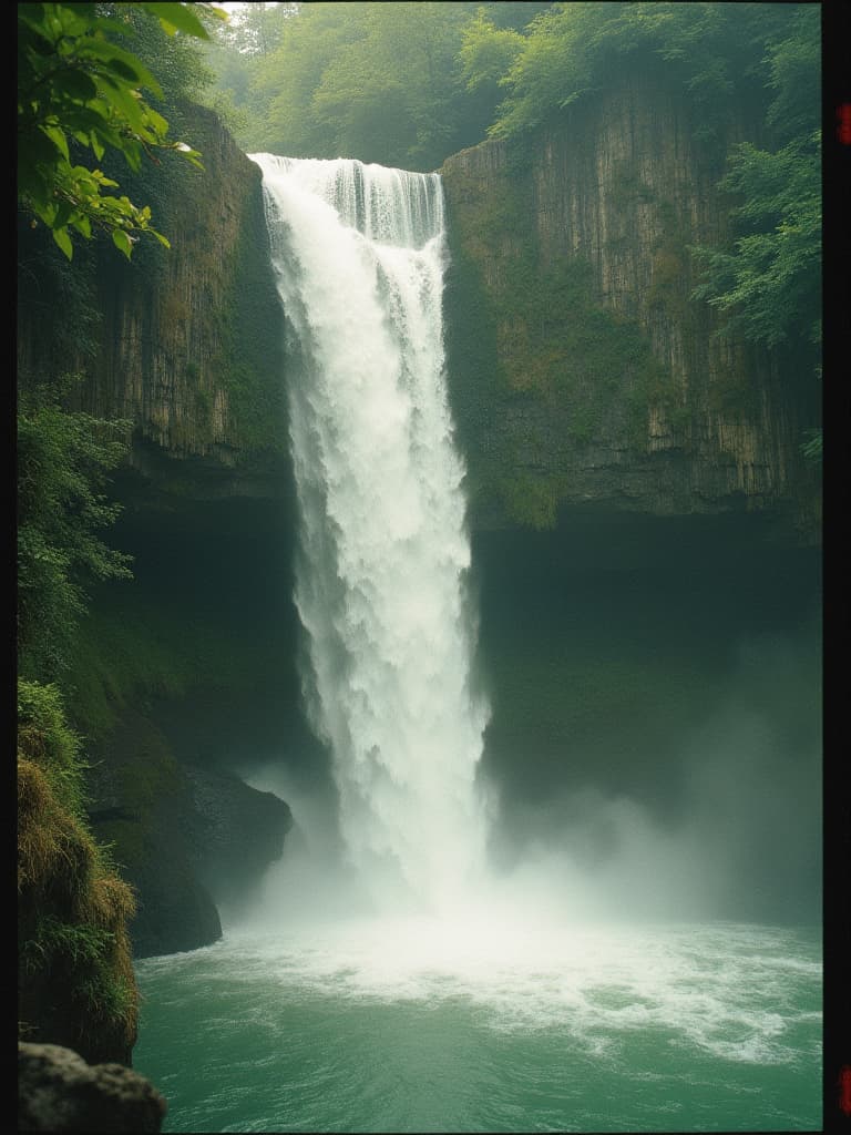  analog film old vintage photo of a beautiful waterfall, nature, faded film, desaturated, 35mm photo, grainy, vignette, vintage, kodachrome, lomography, stained, found footage