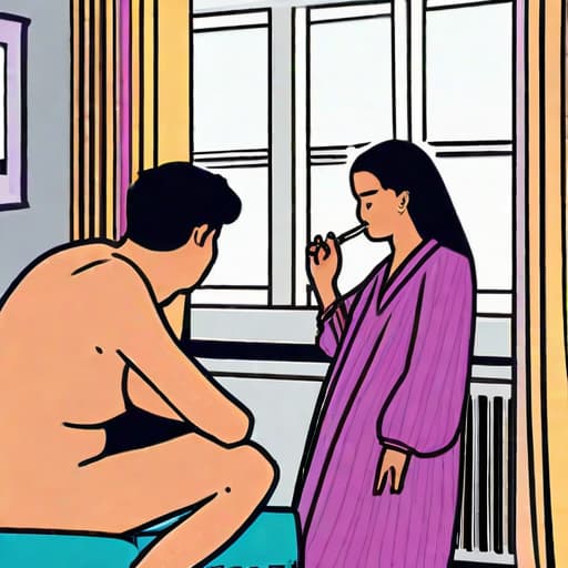  son smoking next to her mother wiring a robe without anything else